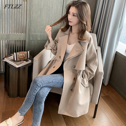 FTLZZ Women Windbreaker Spring Autumn Classic Trench Coat Casual Thin Female Overcoat Long Coat Female Slim Outwear Coats