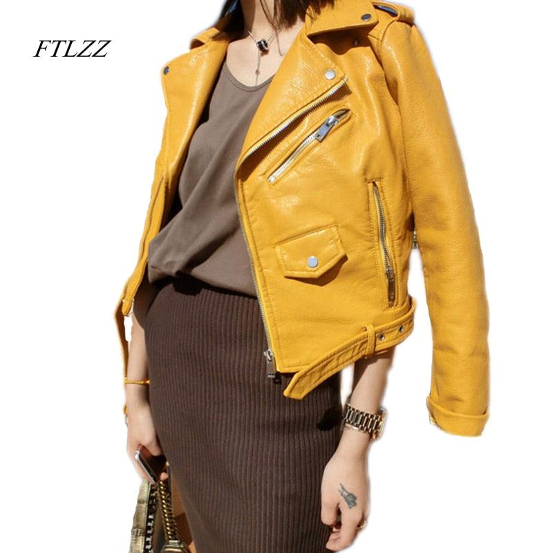 FTLZZ Zipper PU Leather Jacket Short Pink Motorcycle Jackets With Belt Classic Basic Spring Women Faux Leather Outwear