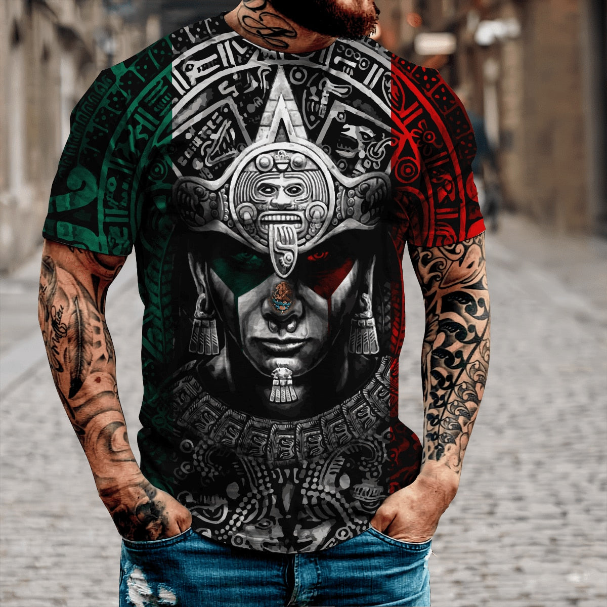 2022 Streetwear Fashion T-shirt Men&#39;s Short-sleeved Loose T-shirt Aztec Mexico Tattoo 3D Printing Slim Round Neck Tshirt Men