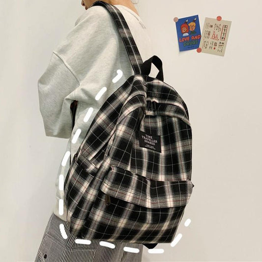 Fashion Plaid Canvas Women&#39;s Backpack Student Backpacks Teenage Girl School Bags Large Capacity Waterproof Travel Rucksack