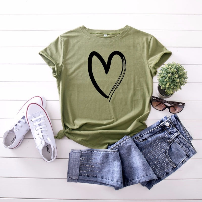 JCGO Summer Cotton Women Heart Print T Shirt S-5XL Versatile Short Sleeve Tees Tops Casual Simple O-Neck Female TShirts