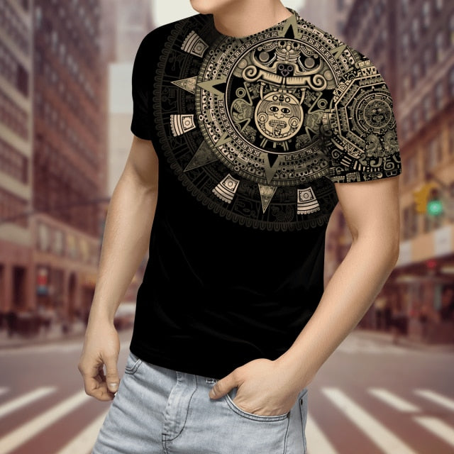 2022 Streetwear Fashion T-shirt Men&#39;s Short-sleeved Loose T-shirt Aztec Mexico Tattoo 3D Printing Slim Round Neck Tshirt Men