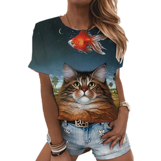 Women T-Shirts Cute Cat 3d Print Summer Girls Kawaii Female T Shirt Kids Size Oversized Tops Tees 2022 Fashion Blouses Camisetas