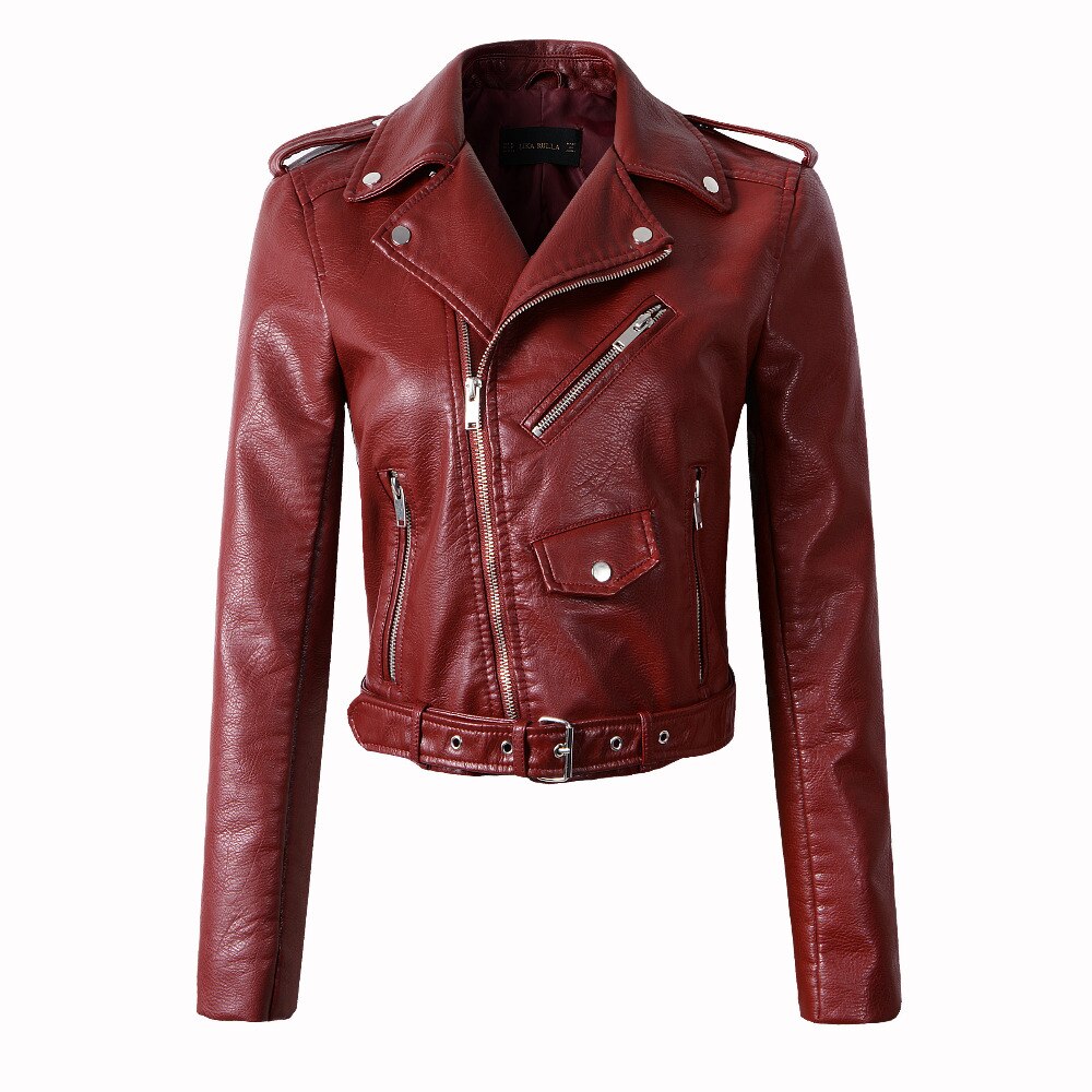 FTLZZ Zipper PU Leather Jacket Short Pink Motorcycle Jackets With Belt Classic Basic Spring Women Faux Leather Outwear