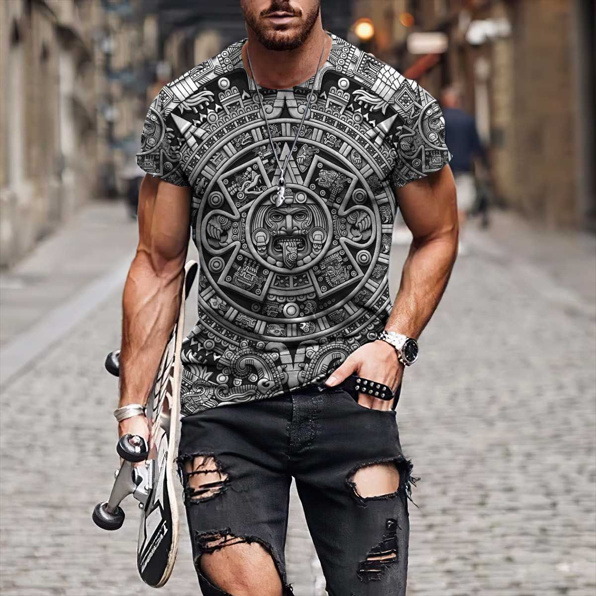 2022 Streetwear Fashion T-shirt Men&#39;s Short-sleeved Loose T-shirt Aztec Mexico Tattoo 3D Printing Slim Round Neck Tshirt Men