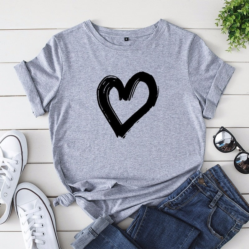 JCGO Summer Cotton Women Heart Print T Shirt S-5XL Versatile Short Sleeve Tees Tops Casual Simple O-Neck Female TShirts