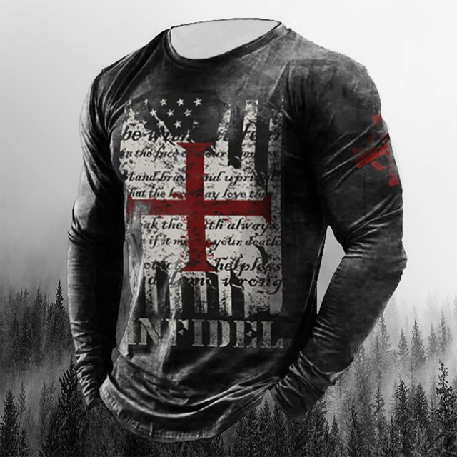 Vintage Print Tshirt 3d Templar Shirt Us Long Sleeve Street Hip Hop Loose Crew Neck Fall Top Plus Size Men Pullover Clothes