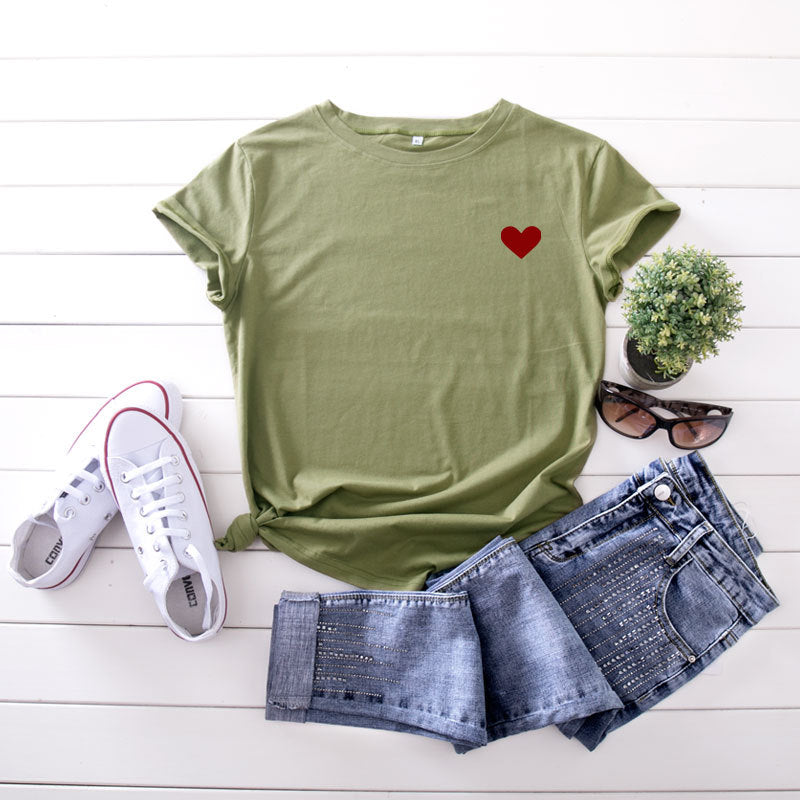 JCGO Summer Cotton Women Heart Print T Shirt S-5XL Versatile Short Sleeve Tees Tops Casual Simple O-Neck Female TShirts