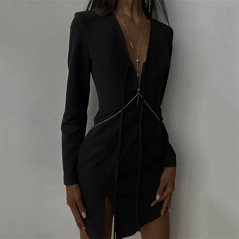 Irregular Design Slit Skirt For Women 2022 Summer New Long Sleeve Hollow Out V-neck Tied Dress