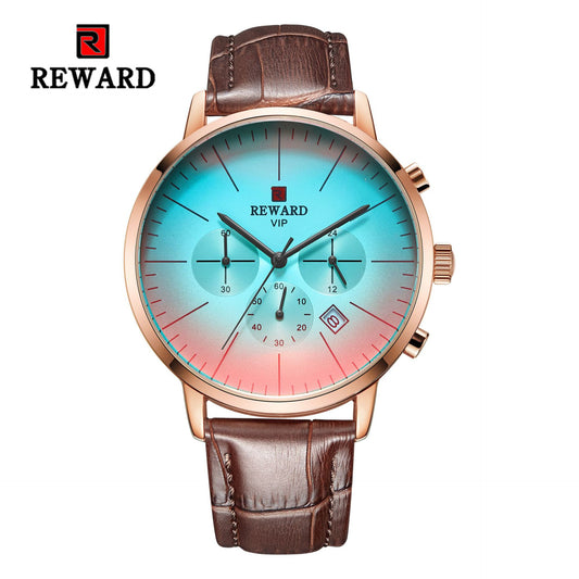 Man's Watches, L'ananas Change Color Glass # Small Dials Calendar Date Display Genuine leather wristwatches