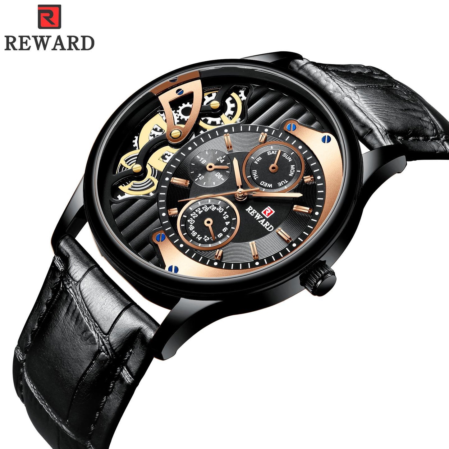 RORIOS Fashion Men Watch Leather Starp Watch Calendar Multifunction with stainless steel case