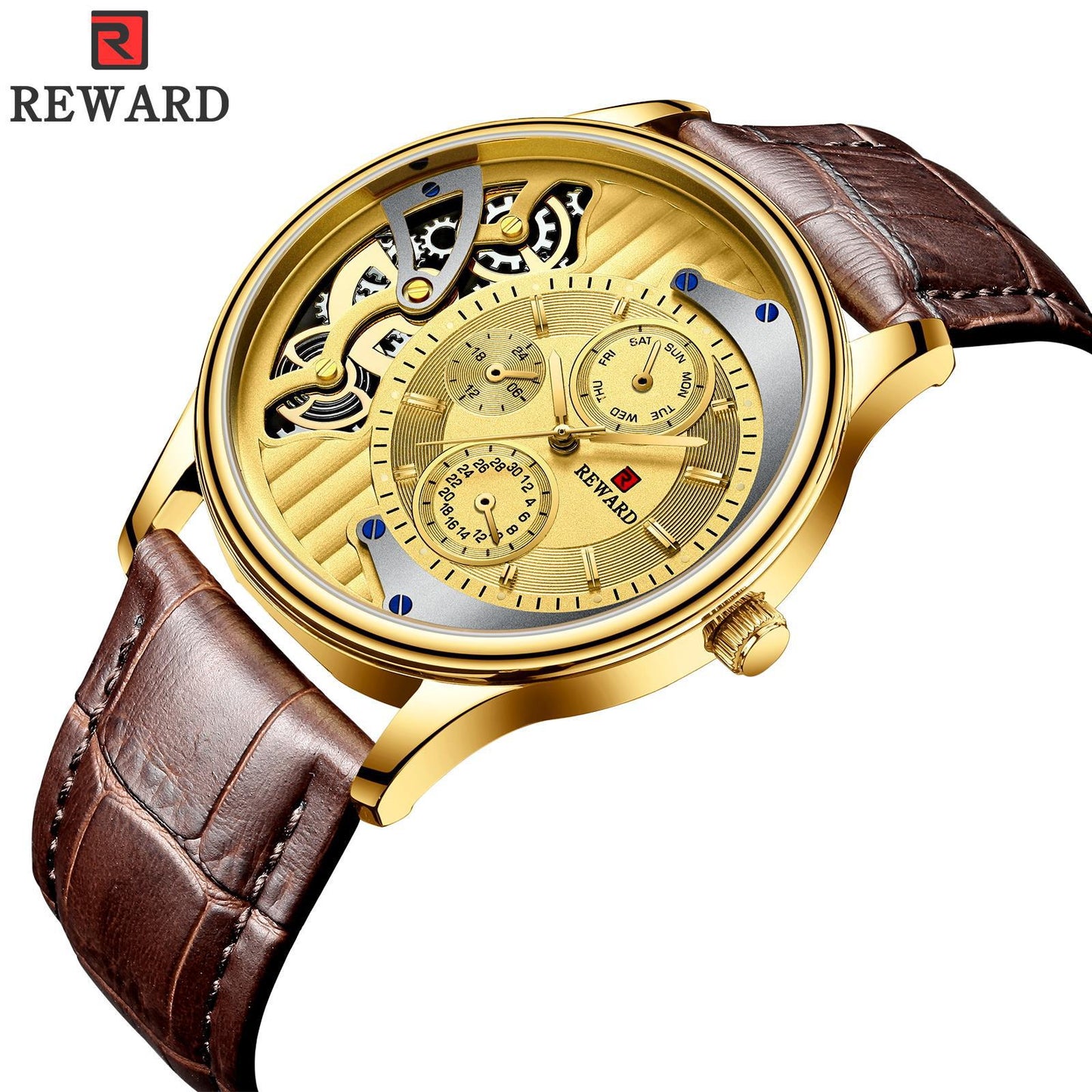 RORIOS Fashion Men Watch Leather Starp Watch Calendar Multifunction with stainless steel case