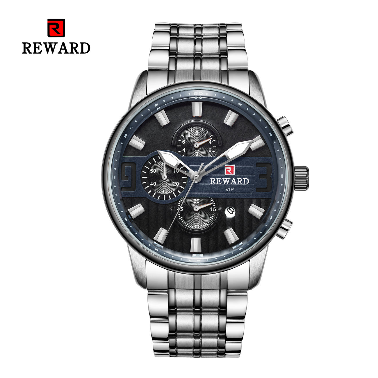 Men's Watches Fashion Waterproof Analog Quartz Watch Date Chronograph Blue Stainless Steel Band Black Dial