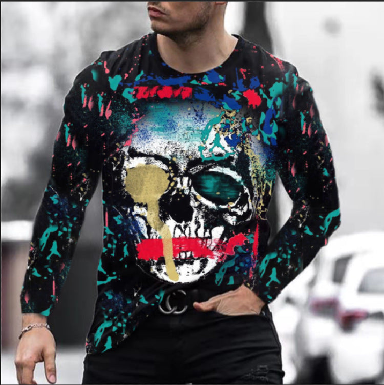 Men Long Sleeve Digital Skull T-shirt