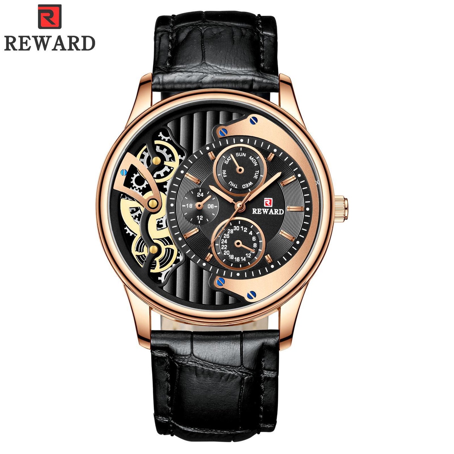 RORIOS Fashion Men Watch Leather Starp Watch Calendar Multifunction with stainless steel case