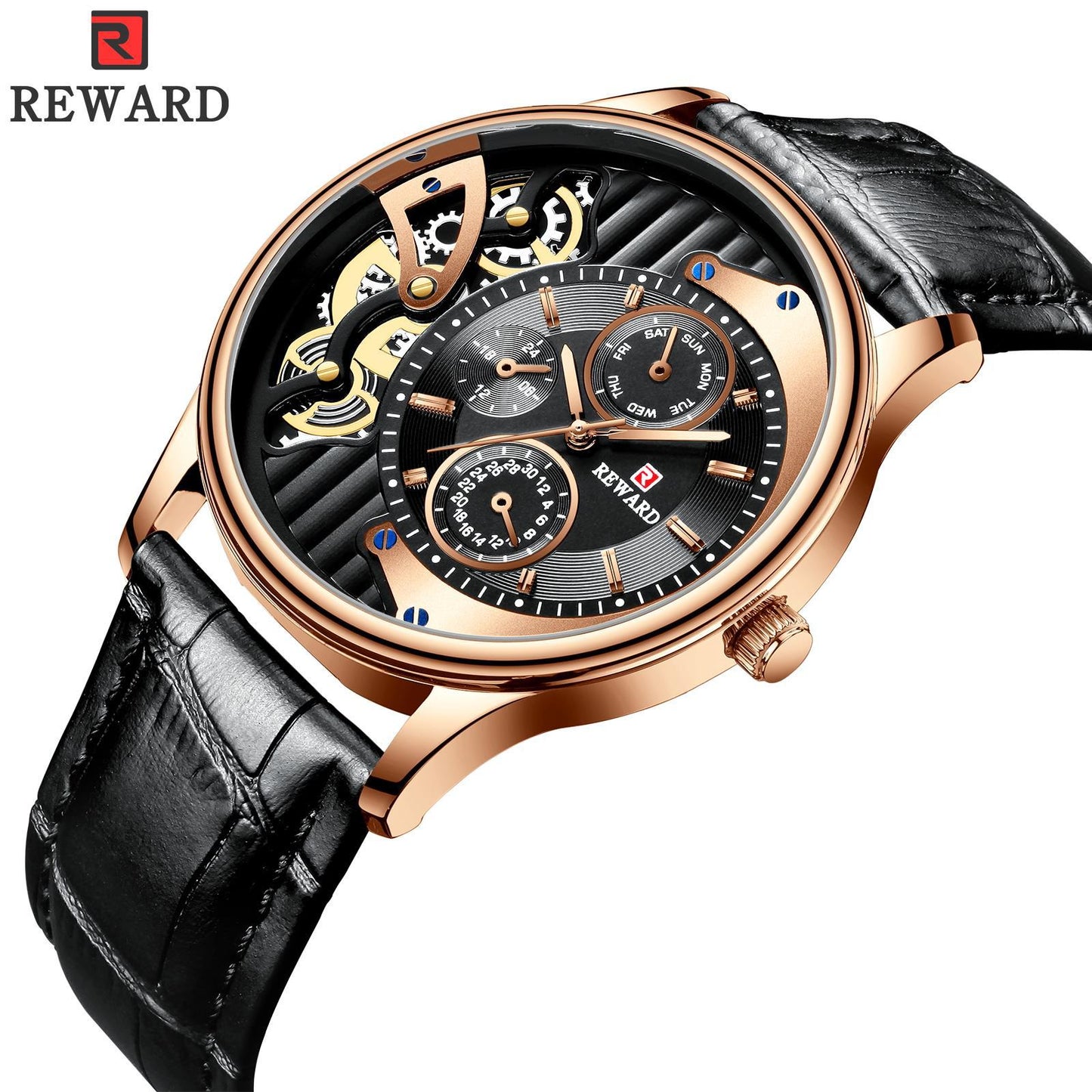 RORIOS Fashion Men Watch Leather Starp Watch Calendar Multifunction with stainless steel case